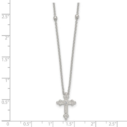 Sterling Silver Polished and Beaded CZ Cross W/ 1in Ext Necklace