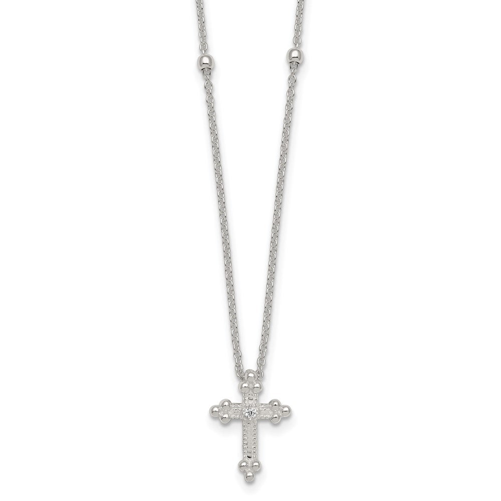 Sterling Silver Polished and Beaded CZ Cross W/ 1in Ext Necklace