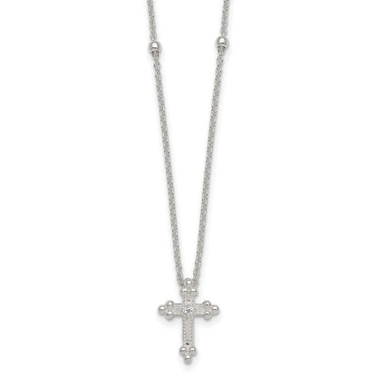 Sterling Silver Polished and Beaded CZ Cross W/ 1in Ext Necklace