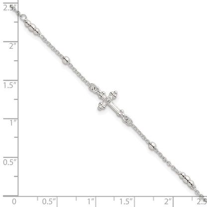Sterling Silver Polished and Beaded CZ Cross W/ 1in Ext Bracelet