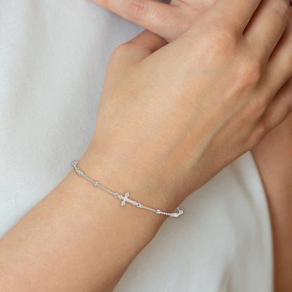 Sterling Silver Polished and Beaded CZ Cross W/ 1in Ext Bracelet