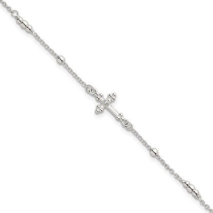 Sterling Silver Polished and Beaded CZ Cross W/ 1in Ext Bracelet