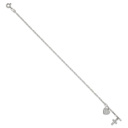 Sterling Silver Polished CZ Heart and Cross Charm W/ 1in Ext Bracelet