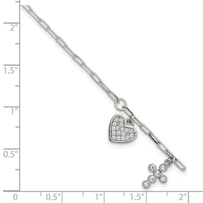Sterling Silver Polished CZ Heart and Cross Charm W/ 1in Ext Bracelet