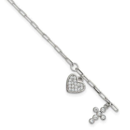Sterling Silver Polished CZ Heart and Cross Charm W/ 1in Ext Bracelet
