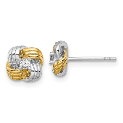 Sterling Silver Rhodium-Plated Gold-Tone Polished CZ Knot Post Earrings