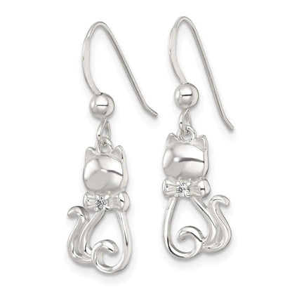 Sterling Silver Polished CZ Cat Silhouette with Bowtie Dangle Earrings