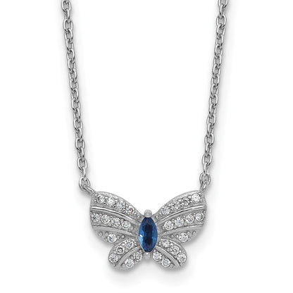 Sterling Silver Rhodium Plated CZ and Glass Butterfly 16in W/ 2in Ext Necklace