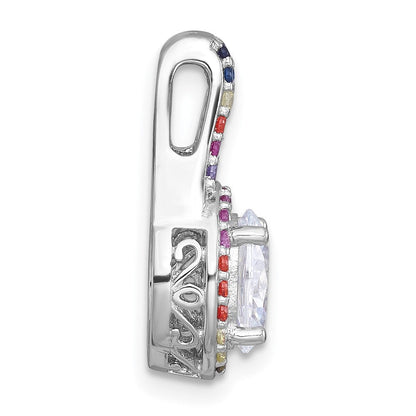 Sterling Silver Rhodium Plated Polished Multicolor CZ Oval Halo Chain Slide Pendant