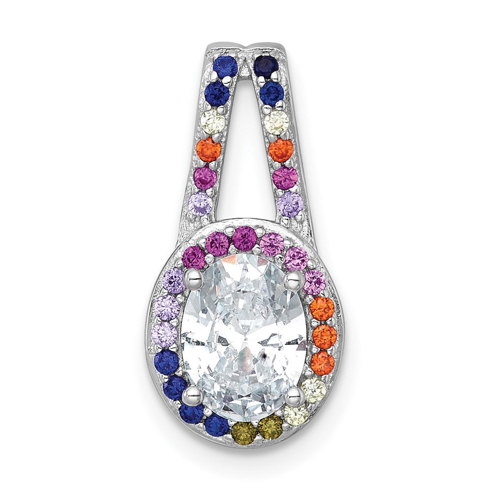 Sterling Silver Rhodium Plated Polished Multicolor CZ Oval Halo Chain Slide Pendant