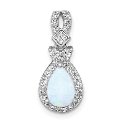Sterling Silver Rh-Plt Polished Cr. Opal / CZ Teardrop Chain Slide Pendant
