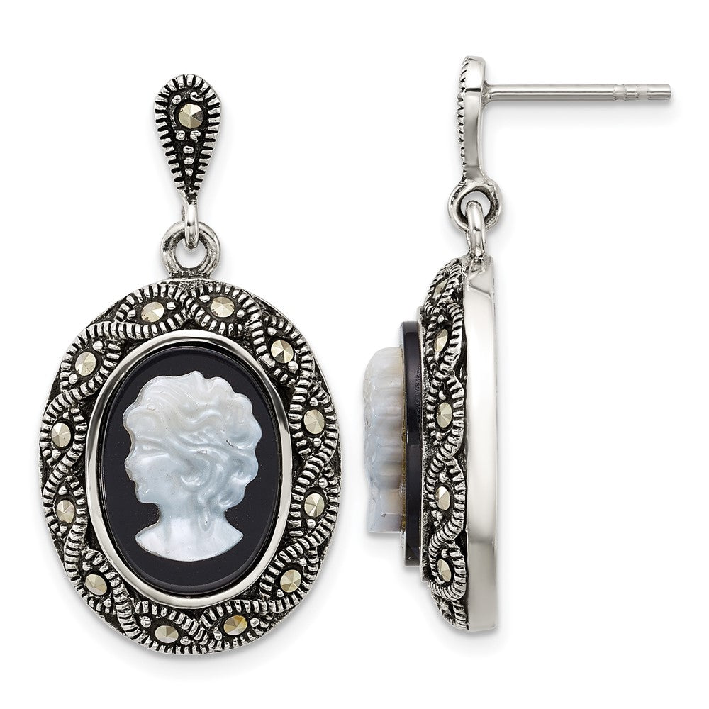 Sterling Silver Antiqued Marcasite Black Agate and Mop Cameo Earrings