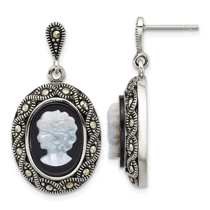 Sterling Silver Antiqued Marcasite Black Agate and Mop Cameo Earrings