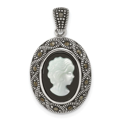 Sterling Silver Antiqued Marcasite Black Agate and Mop Cameo Pendant