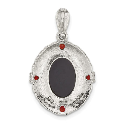 Sterling Silver Antiqued Marcasite Garnet Blk Agate and Mop Cameo Pendant