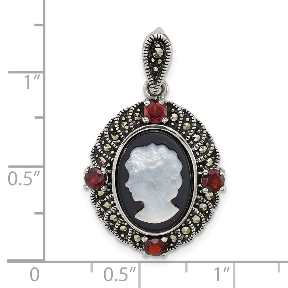Sterling Silver Antiqued Marcasite Garnet Blk Agate and Mop Cameo Pendant