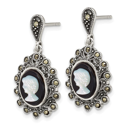 Sterling Silver Antiqued Marcasite Blk Agate and Mop Cameo Earrings