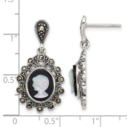 Sterling Silver Antiqued Marcasite Blk Agate and Mop Cameo Earrings