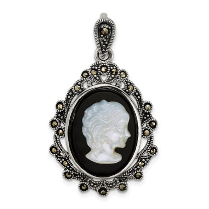 Sterling Silver Antiqued Marcasite Blk Agate and Mop Cameo Pendant