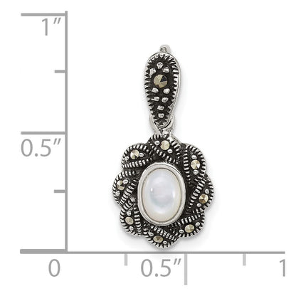 Sterling Silver Antiqued Marcasite and Mop Oval Fancy Pendant