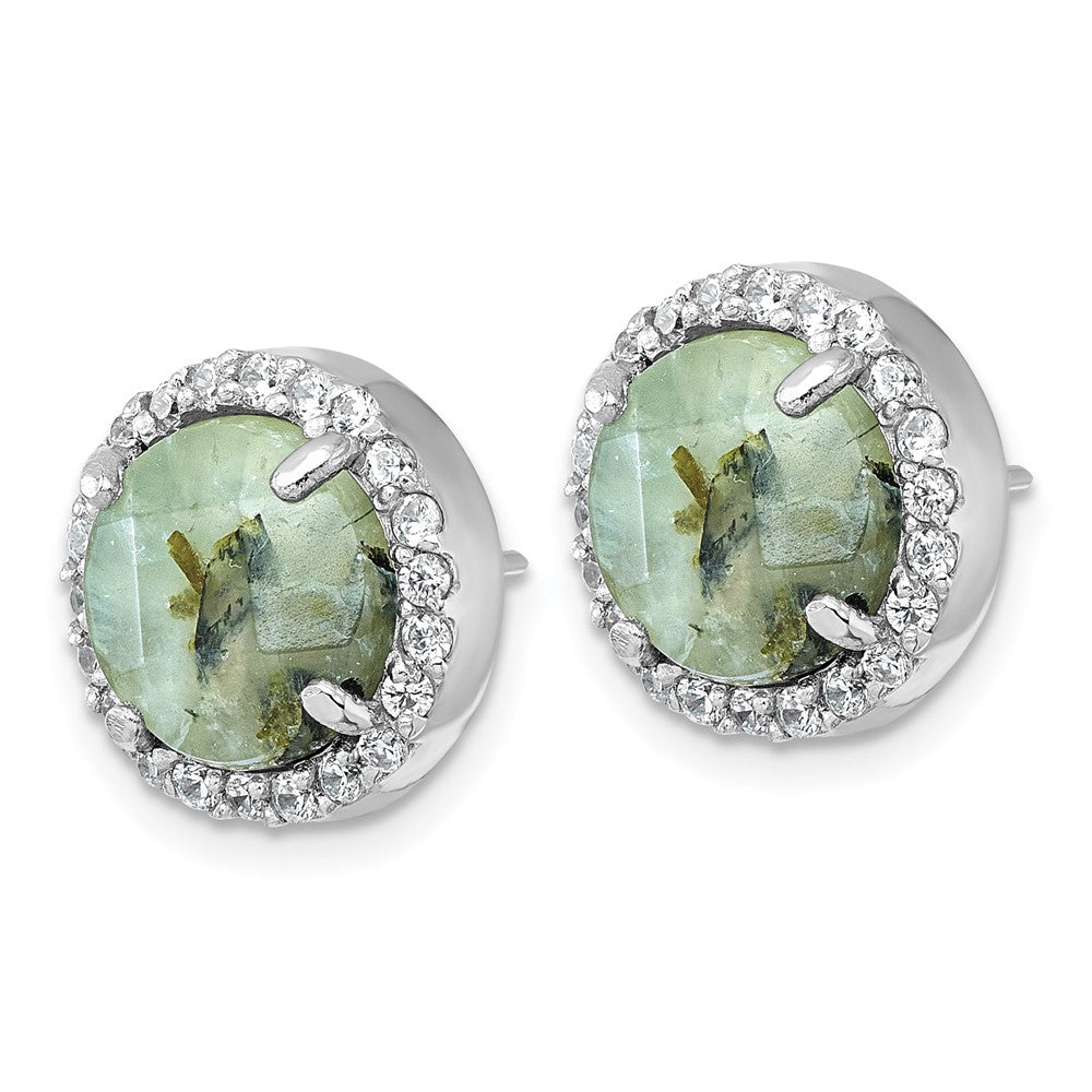 Sterling Silver Rhodium-Plated Polished CZ and Prehnite Circle Post Earring