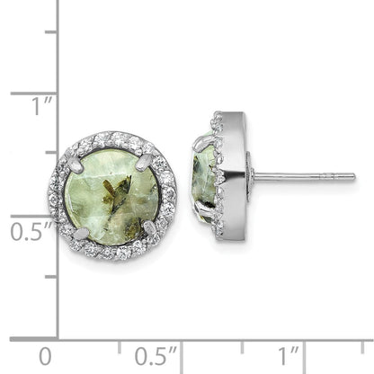 Sterling Silver Rhodium-Plated Polished CZ and Prehnite Circle Post Earring