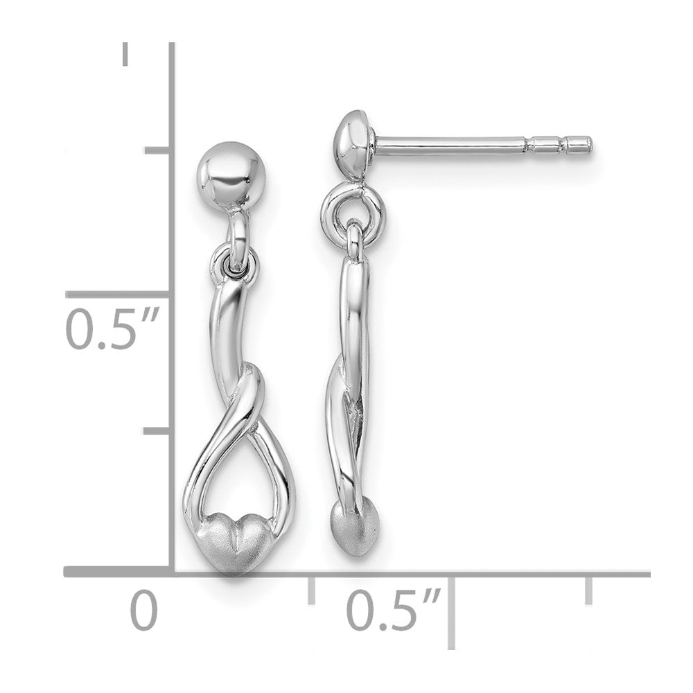 Sterling Silver Rhodium Plated Polished and Brushed Heart Drop Earrings