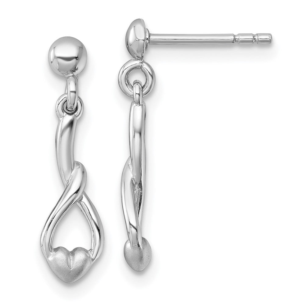Sterling Silver Rhodium Plated Polished and Brushed Heart Drop Earrings