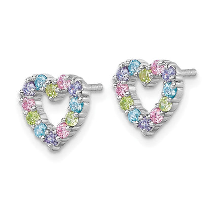 Sterling Silver Rhodium-Plated Multi Color CZ Heart Post Earrings
