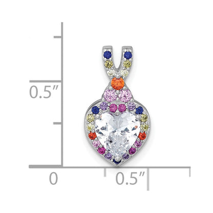 Sterling Silver Rh-Plt Polished Multicolor CZ Heart Chain Slide Pendant