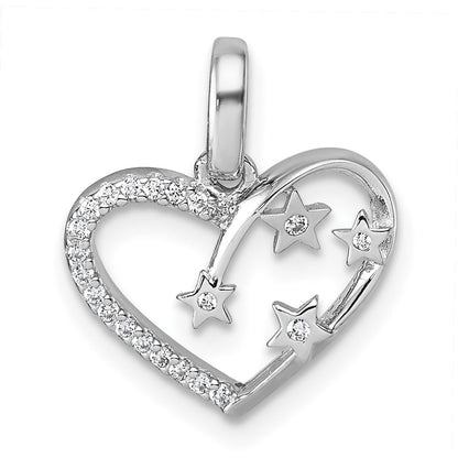 Sterling Silver Rhodium-Plated CZ Heart with Stars Pendant