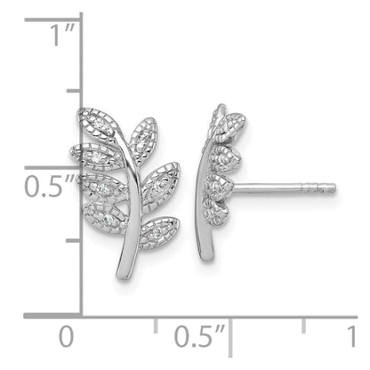 Sterling Silver Rhodium-Plated Polished CZ Leaf Post Earrings