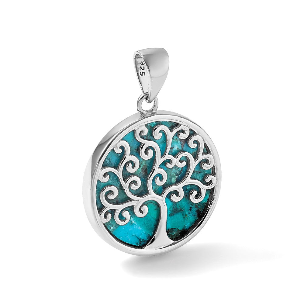 Sterling Silver Rhodium Plated Compressed Turquoise Tree of Life Pendant