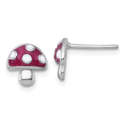 Sterling Silver Rhodium Plated Polished Enameled Mushroom Post Earrings