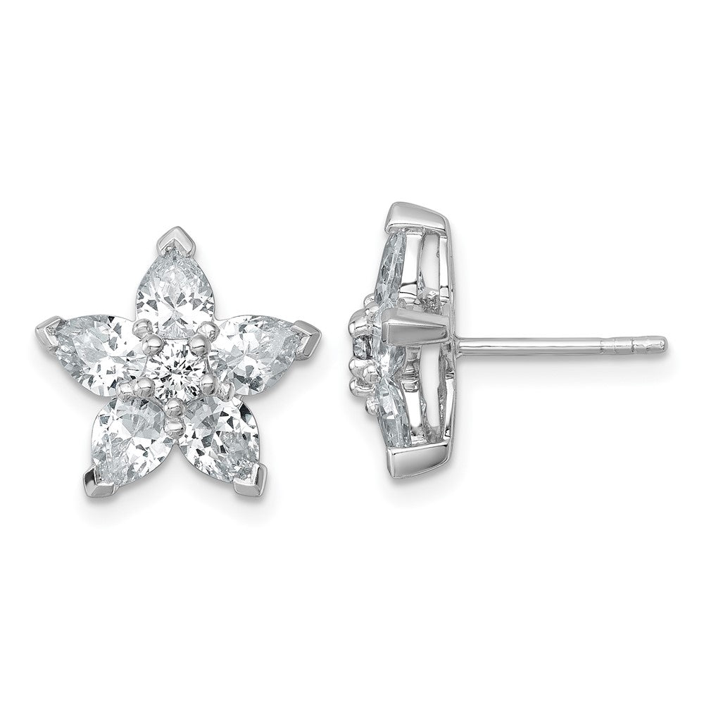 Sterling Silver Rhodium-Plated Polished CZ Flower Post Earrings