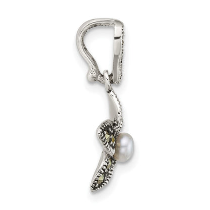 Sterling Silver Antiqued Marcasite Fwc Pearl Fancy Flower Pendant
