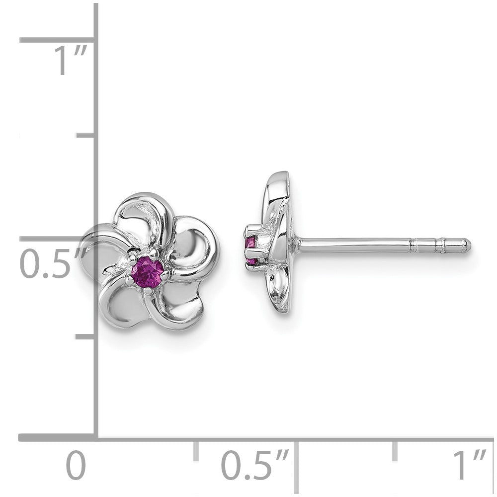 Sterling Silver Rhodium-Plated Red CZ Flower Post Earrings