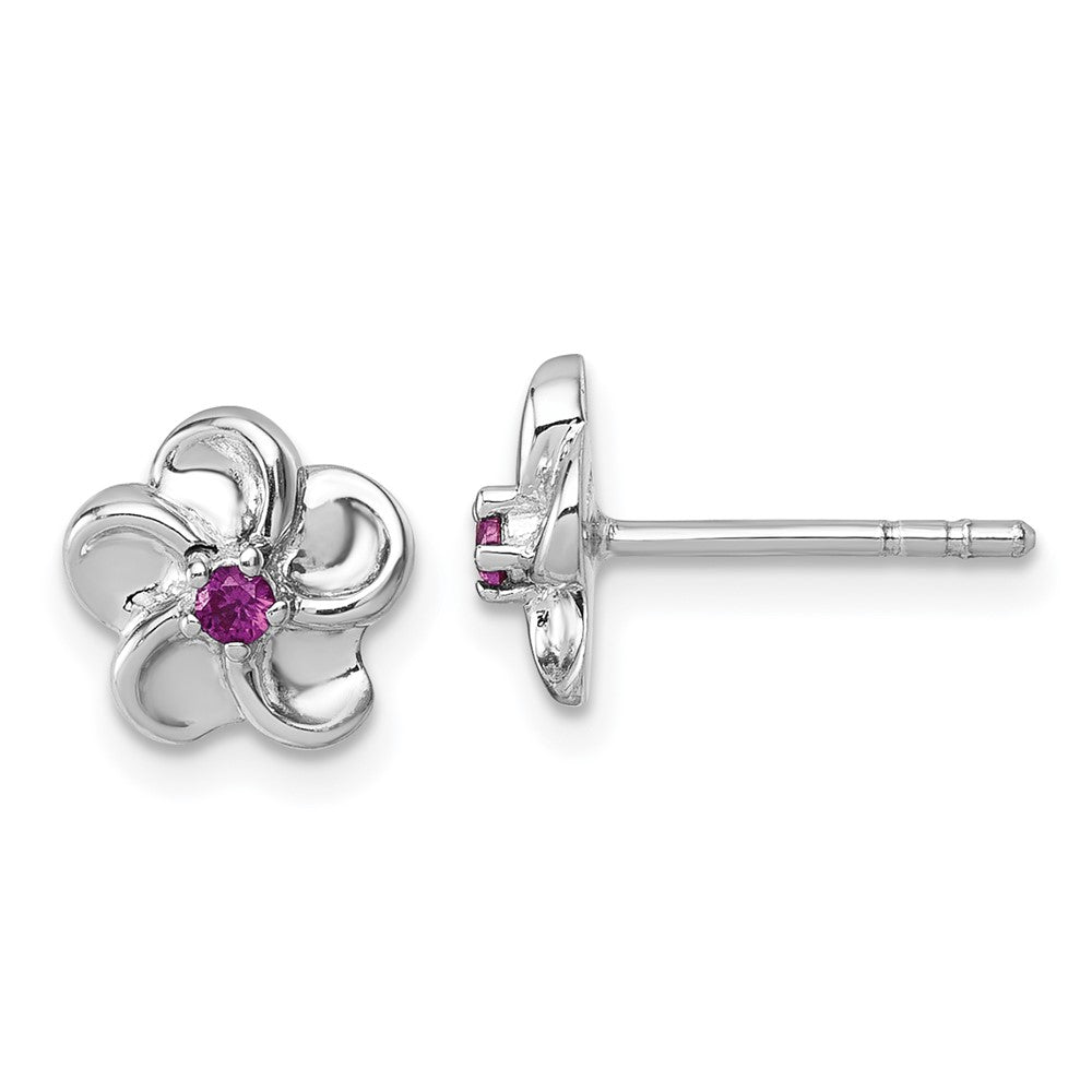 Sterling Silver Rhodium-Plated Red CZ Flower Post Earrings