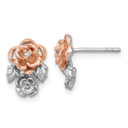 Sterling Silver Rhodium and Rose Gold-Plated Flower Post Earrings