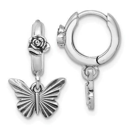 Sterling Silver Antiqued Butterfly with Flower Hoop Earrings