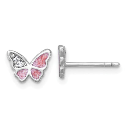 Sterling Silver Rhodium-Plated CZ Enamel Pink Butterfly Post Earrings
