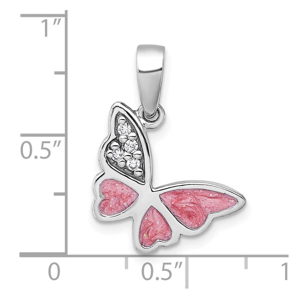 Sterling Silver Rhodium-Plated Polished CZ Enamel Pink Butterfly Pendant
