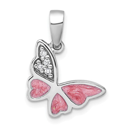 Sterling Silver Rhodium-Plated Polished CZ Enamel Pink Butterfly Pendant