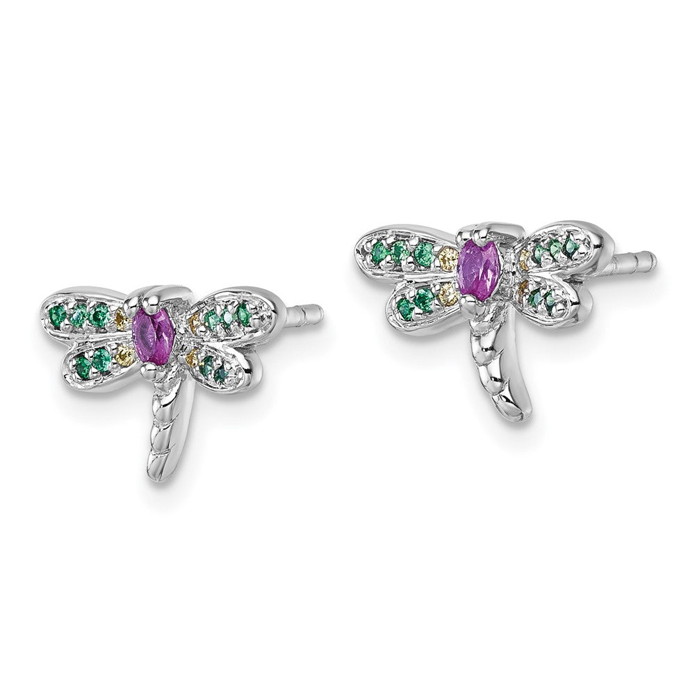 Sterling Silver Rhodium Plated Multi Color CZ Dragonfly Post Earrings
