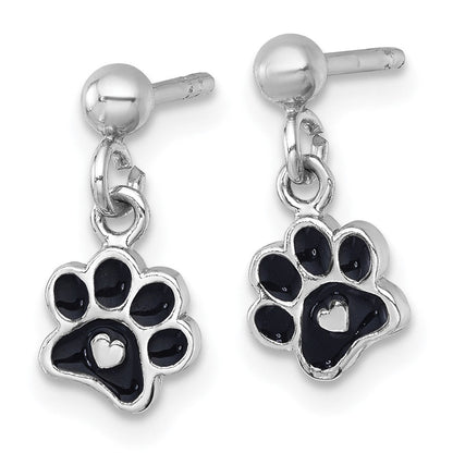 Sterling Silver Rh-Plt Enamel Black Paw Print W/ Heart Dangle Post Earrings