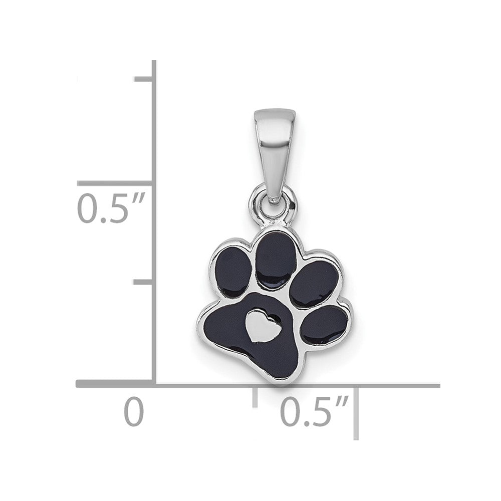 Sterling Silver Rhodium-Plated Enamel Black Paw Print with Heart Pendant