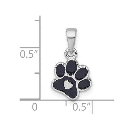 Sterling Silver Rhodium-Plated Enamel Black Paw Print with Heart Pendant