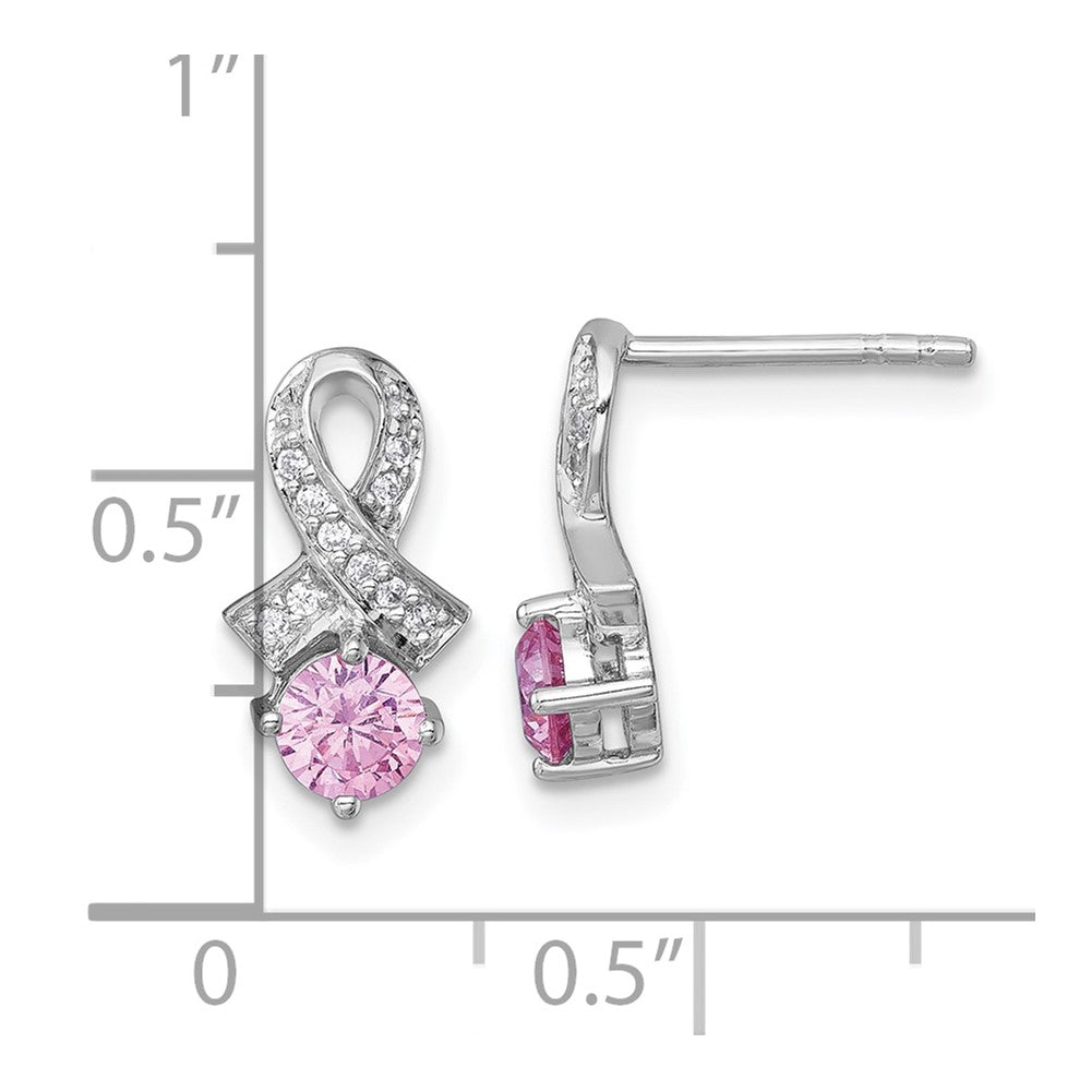 Sterling Silver Rh-Pltd Polish Pink & White CZ Awareness Ribbon Post Earrings