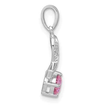 Sterling Silver Rhodium Plated Polished Pink & White CZ Awareness Ribbon Pendant