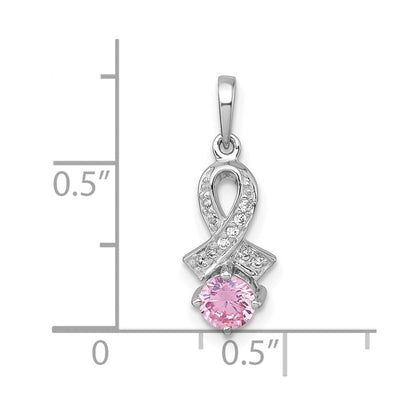 Sterling Silver Rhodium Plated Polished Pink & White CZ Awareness Ribbon Pendant